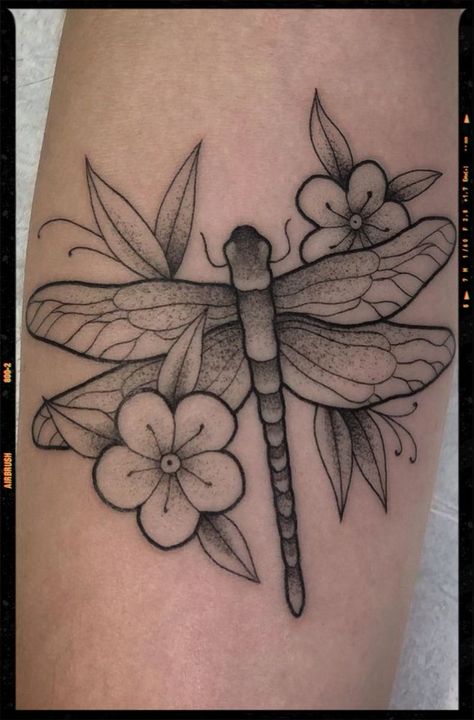 Daisy With Dragonfly Tattoo, Big Dragonfly Tattoo On Back, 2 Dragonfly Tattoo Design, Butterflies And Dragonflies Tattoo, Neotrad Dragonfly, Dragonfly Daisy Tattoo, Dragonfly And Poppy Tattoo, Dragonfly Tattoo Design With Flowers Forearm, Old School Dragonfly Tattoo