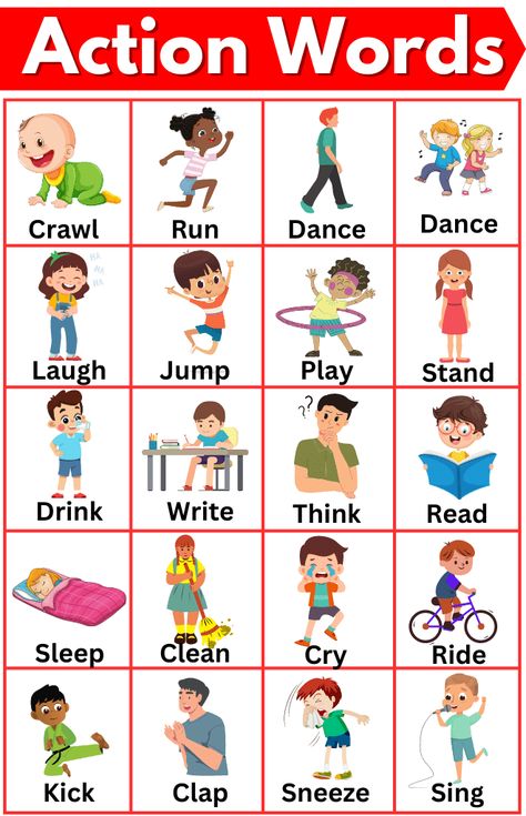 Are you looking for a complete list of action words in English for kids with pictures? I’ve shared a list of more than hundreds of action words below. Definitely, It is helpful for all Kindergarten students or preschool toddlers. Action Words Action words are very helpful words that help you to convey a message very ... Read more Action Pictures Speech Therapy, English Action Words, Vocabulary Words For Kindergarten, Vocabulary For Preschoolers, Vocabulary Words For 1st Grade, Basic English Words For Kids, Kg3 English Worksheets, Action Pictures For Kids, Preschool Vocabulary Words