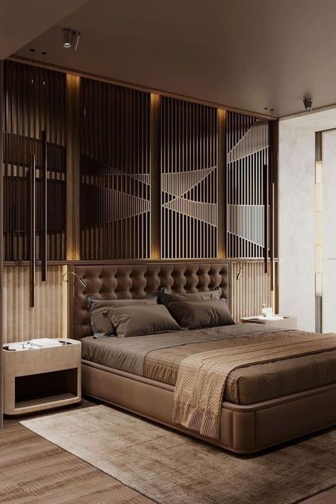 What words would you use to describe this bedroom created by @kurilovdesign? Wood And Gold Bedroom, Luxury Bedroom Design Elegant, Bedroom Design Elegant, Dark Gray Wood, Wood And Gold, Bedroom Interior Design Luxury, Modern Luxury Bedroom, Modern Bedroom Interior, Luxury Bedroom Design