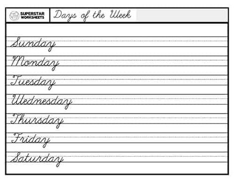 Free Days of the Week Worksheets for kids to work on handwriting, and spelling. Students trace, write and spell each day of the week. Days Of The Week Cursive Handwriting, Days Of The Week Cursive, Free Cursive Writing Practice Sheets, Cursive Days Of The Week, Cursive Months, Free Cursive Worksheets, Cursive Practice Sheets, Simple Handwriting, Superstar Worksheets