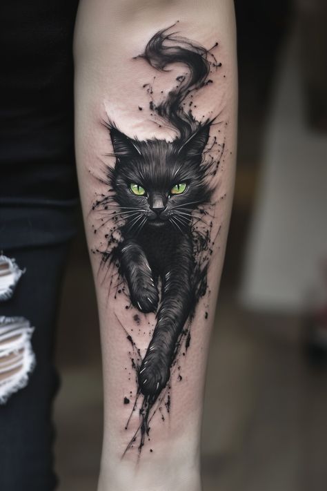 3d Cat Tattoo, Black Cat Arm Tattoo, Cat Eye Tattoo Realistic, Black Cat Memorial Tattoo, Green Line Tattoo, Cat Tattoo Arm, Cat Arm Tattoo, Cat Sleeve Tattoo, Cat Eyes Tattoo