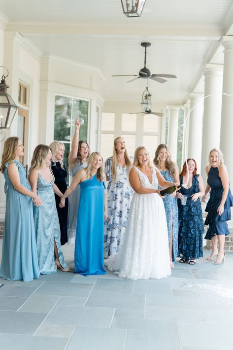 Bride and her something blue crew pop champagne before her fall Sea Pines wedding ceremony. Something Blue Crew Wedding, Something Blue Crew, Sea Pines Hilton Head, Waterfront Wedding Ceremony, Pop Champagne, Something Blue Wedding, Navy Bridesmaid Dresses, Waterfront Wedding, Wedding Vision