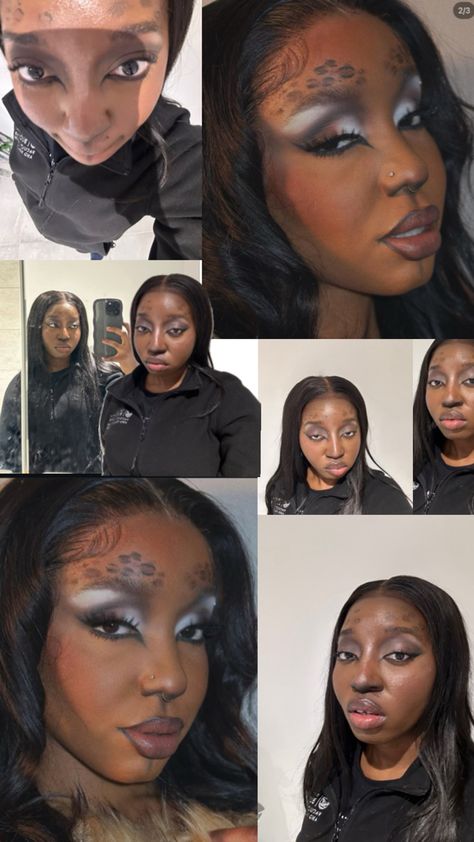 Black girl cheetah print Halloween makeup inspo Black Women Halloween Makeup, Halloween Makeup Dark, Women Halloween Makeup, Cheetah Print Halloween, Halloween Makeup Inspo, Cheetah Makeup, Deer Makeup, Makeup Dark, Animal Makeup