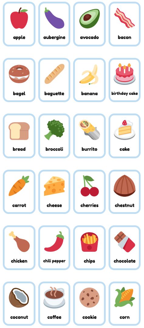 Free printable Food & Drinks Flashcards for English teaching and studying. Great for teaching kids. Visit website for full set of 96 customizable flashcards in 3 sizes. US and UK English available! Food Flash Cards Free Printable, Food In English For Kids, English Flash Cards, First Words Flashcards Free Printable, Esl Flashcards Free Printable, Preschool Flashcards Free Printable, Printable Flashcards For Toddlers Free, Food Flashcards Free Printable, English For Beginners For Kids