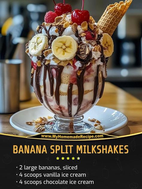 Kylie Recipes | Banana Split Milkshakes 🍌🍦🥤 | Facebook Banana Split Ice Cream, Recipes Banana, Banana Splits, Ice Cream Drinks, Family Cookbook, Chocolate Ice, Banana Split, Milkshakes, Chocolate Ice Cream