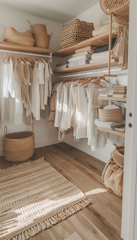 Box Bedroom Walk In Wardrobe, Very Small Walk In Wardrobe, Storage Ideas For House With No Closets, Open Closet With Dresser, Bohemian Walk In Closet, Extra Room Turned Into Closet, 3 Wall Closet Design, Wooden Hangers Closet, Boho Walk In Closet Ideas