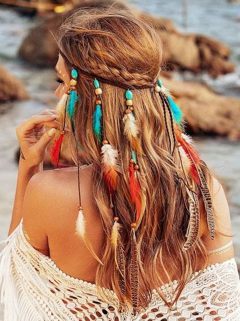 Womens Indian Halloween Costume, Native American Indian Women Costume Diy, Feathers In Hair, Boho Feather Headband, Artsy Projects, 70's Party, American Costume, Fun Hairstyles, Hippie Headbands