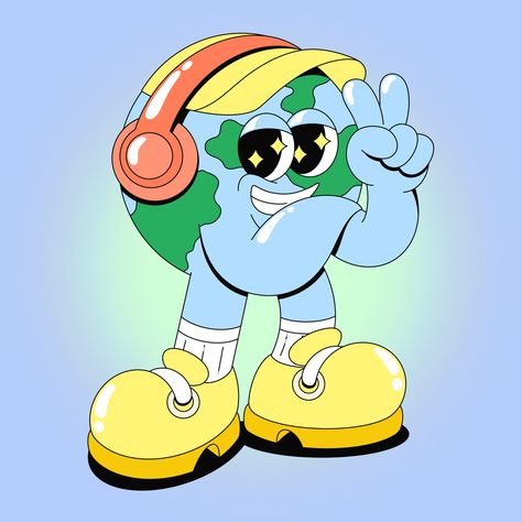 Earth character wearing headphones, arm folded and throwing peace sign Headphones Graphic Design, Character Wearing Headphones, Headphones Character, Earth Character Design, Peace Cartoon, Headphones Illustration, Earth Character, Earth Cartoon, Square Character