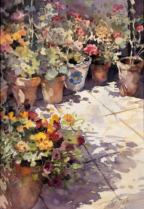 Watercolour Impressionist, Loose Watercolor Flowers, Watercolor Scenery, Potted Flowers, Patio Pots, Watercolour Inspiration, Flower Watercolor, Watercolor Sketchbook, 수채화 그림