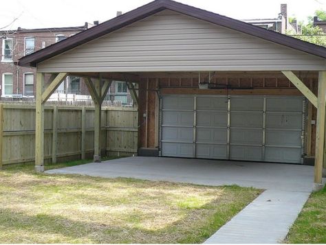 We call this a "garage-port".  Half garage half car port. Great for city living: privacy fence and garage door offer privacy and security while keeping the back open saves on cost, makes the yard appear larger, and is a great option for entertaining! Master Living Room, Wall Decor Inspiration, Wooden Fence Gate, Feminine Living Room, Carport Ideas, Garage Pictures, Porch Awning, Backyard Garage, Cloth Hanger