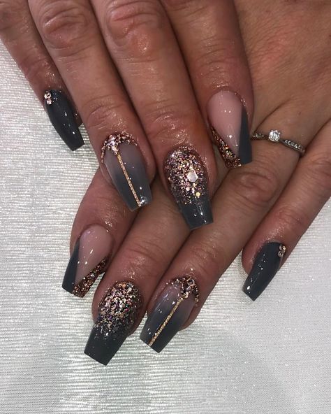 Greys nudes and rose golds Grey And Gold Nail Designs, Smokey Rose Nails, Gray And Gold Nails Acrylic, Grey And Rose Gold Nails, Grey And Rose Gold Nail Designs, Gray Gold Nails, Gray And Gold Nails, Dusty Rose Nails Design, Gold Coffin Nails