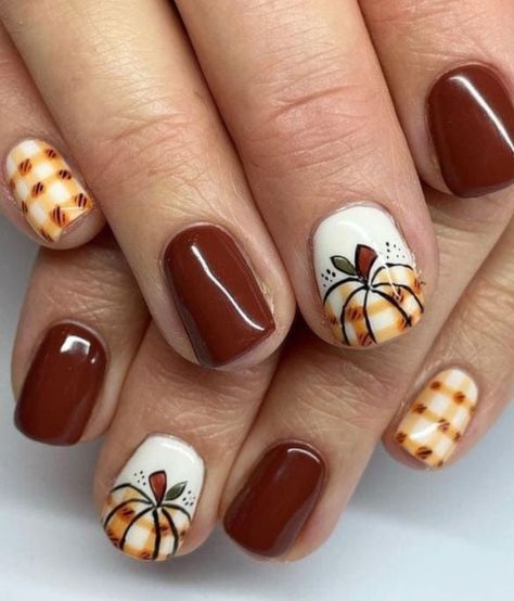 Fall Nails Scarecrow, Fall Plaid Pumpkin Nails, Fall Nails Ideas Autumn Plaid, Pumpkin Plaid Nails, Fall Harvest Nail Designs, Thanksgiving Plaid Nails, Plaid Pumpkin Nails, August Gel Nails Ideas, Pumpkin Gel Nails