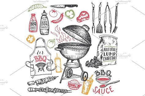 BBQ Hand-drawn Elements Set by Paul Lesser on @creativemarket Party Sketch, Best Charcoal Grill, Kettle Grills, Best Charcoal, Hand Drawn Elements, Karten Design, Bbq Party, Creative Sketches, Barbecue Grill