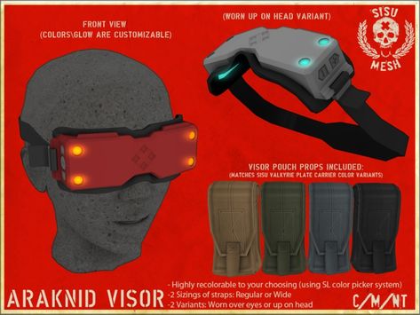 ARAKNID VISOR - L$175 Sci Fi Goggles Concept Art, Scifi Goggles, Sci Fi Goggles, Cyberpunk Visor, Tech Armor, Sci-fi Helmet, Planet Project, Gas Mask Art, Cyberpunk Design