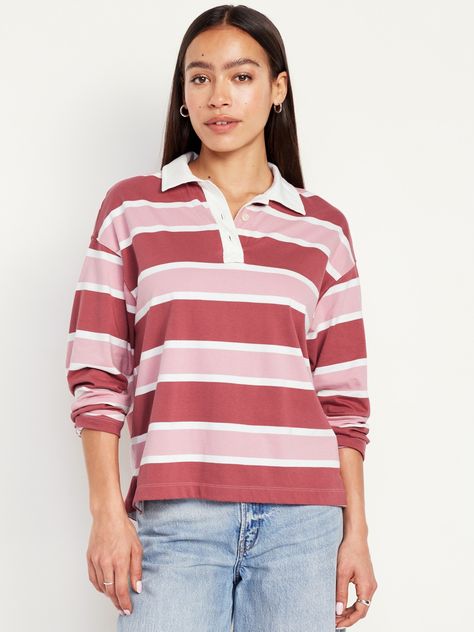 spread collar long sleeves buttoned placket vented sides loose fit hits at hip models are approx.  5'9" and wear sizes s (4), l (12), and xl (18)machine wash according to the care instruction label 80's Clothes, Womens Rugby, Rugby Stripe, Look Casual Chic, Chic Pants, 80s Outfit, Comfy Clothes, Old Navy Women, Cute Fits