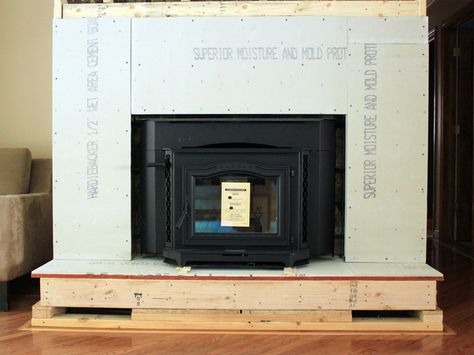 Fireplace Build Out with Cement Board Detail Fireplace Cover Up, Painted Rock Fireplaces, Building A Frame, Reface Fireplace, Black Slate Tiles, Stone Fireplace Makeover, Inlay Flooring, Slate Fireplace, Fireplace Update