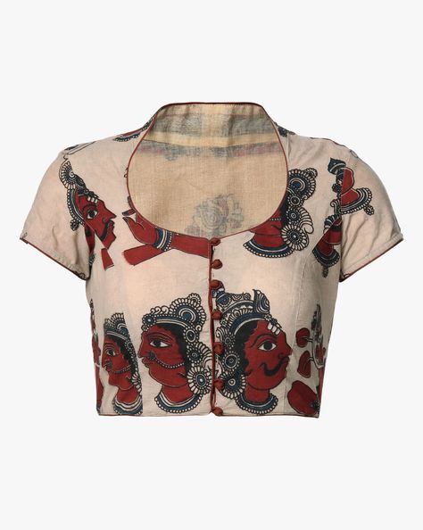 Buy Indie Picks Women Cream Kalamkari Print Cotton Blouse | AJIO Cream Blouses, Kalamkari Blouse Designs, Ikat Blouse Designs, Ikat Blouse, Kalamkari Print, Blouse Designs High Neck, Cotton Saree Blouse Designs, Cotton Blouse Design, Sari Blouse Designs