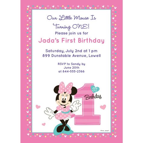 Minnie Mouse Invitations, Minnie Mouse 1st Birthday, Bday Invitations, Pink Border, Diy Balloon Decorations, 1st Birthday Invitation, Personalized Party Favors, Kids Party Supplies, Sports Themed Party