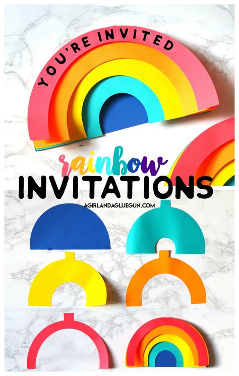 Rainbow Invitations free printables or cut out with your silhouette cameo or cricut- perfect for any birthday party invites! - A girl and a glue gun Birthday Party Invitations Diy, Rainbow Themed Birthday Party, Rainbow Birthday Invitations, Rainbow Invitations, Anniversaire Diy, Birthday Party Invites, Rainbow Birthday Party, Mason Jar Crafts Diy, Rainbow Theme