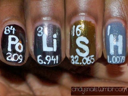 Element Nails -  Elements of the periodic table to express what Cindy loves! The elements used are polonium, lithium, sulfur, and hydrogen. Symbols Design, Element Symbols, Get Nails, Symbol Design, I Love Nails, Nails Desing, Bridesmaids Dress, Nail Art Inspiration, Nail Polish Colors