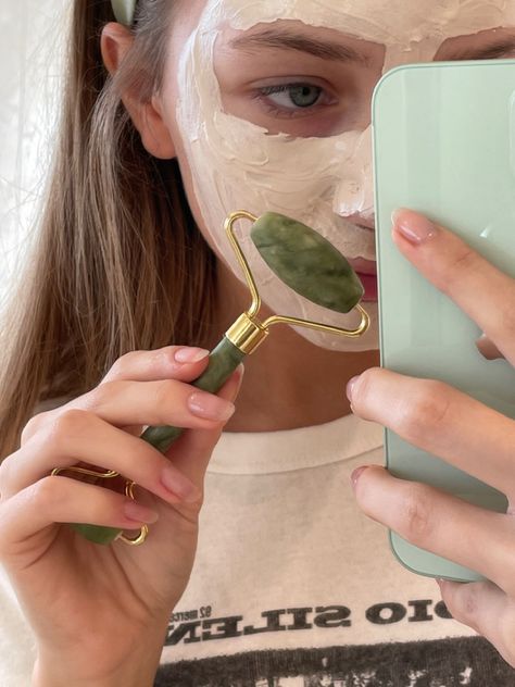 Boho Skincare Aesthetic, Jade Roller Aesthetic, Face Roller Aesthetic, Skincare Routine Aesthetic, Jade Aesthetic, Ice Facial Roller, At Home Skincare, Tiktok Skincare, Facemask Skincare