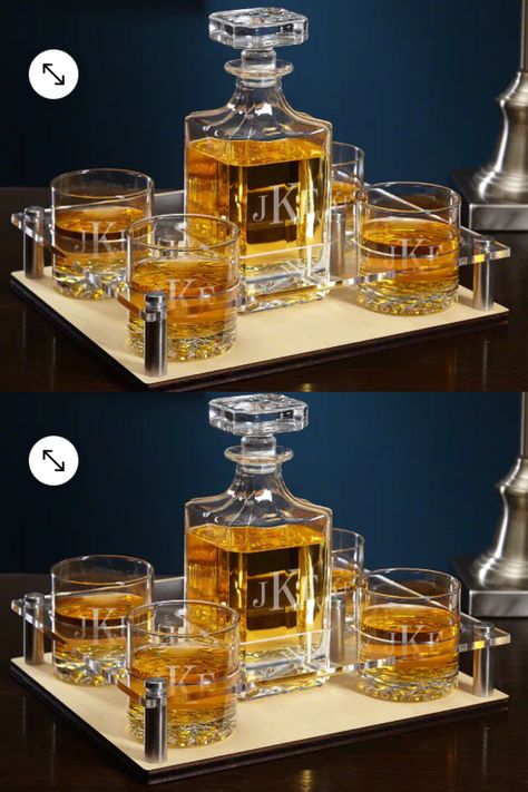 All pieces in this etched liquor gift set are laser engraved with a matching three-initial monogram. The stylish bar tray is built from acrylic glass & carbon steel. A strong birch wood base gives each presentation set a timeless touch. Our Carson liquor decanters include a detailed glass stopper and hold up to 24 ounces. Unique Buckman style rocks glasses hold up to 10.25 ounces. The serving tray measures 12 x 10 x 2.75, suitable for shelf display or tabletop use. Liquor Gifts, Bar Tray, Liquor Decanter, Whiskey Glasses, Birch Wood, Decanters, Monogram Initials, Carbon Steel, Display Shelves