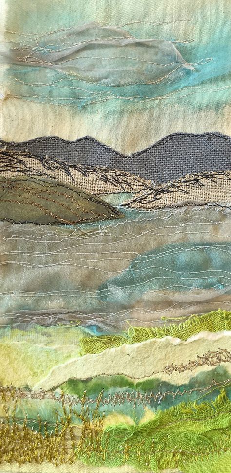 Machine Embroidery Workshops — Sue Nicholls Designs Fiber Art Landscapes, Landscape Textile Art, Free Hand Machine Embroidery, Landscape Applique, Landscape Quilts Ideas, Applique Landscape, Machine Embroidery Inspiration, Stitched Landscapes, Landscape Textiles