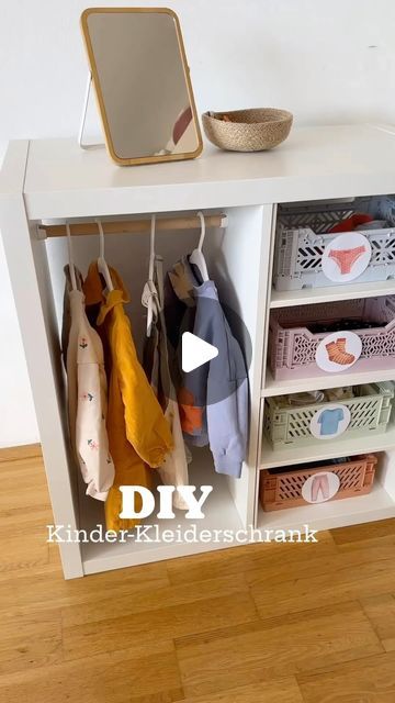 Kids Clothes Storage Ikea, Ikea Kid Wardrobe, Kallax As Wardrobe, Ikea Toddler Bedroom Girl, Ikea Kallax Montessori Wardrobe, Ikea Wardrobe Hack Kids, Kallax Kids Wardrobe, Ikea Storage Kids Room, Diy Doll Wardrobe