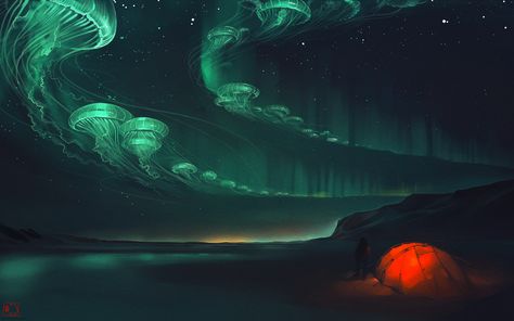 artwork, Fantasy Art, Surreal, Tents, Jellyfish, Glowing, Aurorae, Camping, Night, Stars, Mountain Wallpaper Jellyfish Art, Science Fiction Illustration, Colossal Art, Fantasy Concept Art, Fantasy Illustration, Science Art, Art Watercolor, Fantasy Landscape, Art Paint