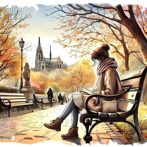 Sitting On A Bench Drawing, Sitting On A Park Bench, Bench Drawing, Watercolor And Ink Illustration, Sitting On A Bench, Comic Layout, Lonely Girl, Ink Illustration, Painting Of Girl