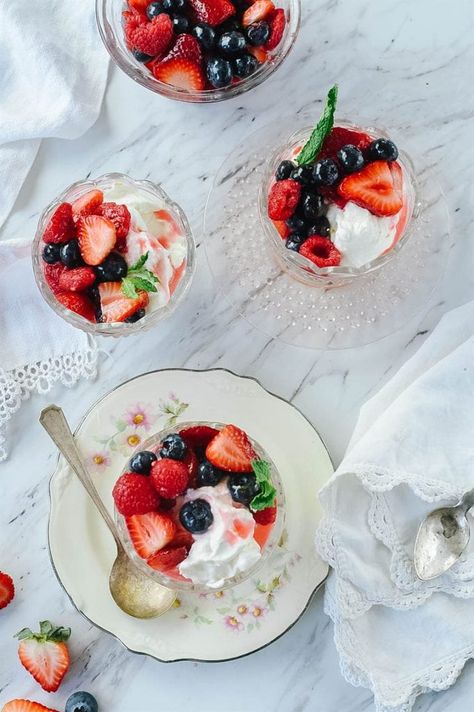 Berries and Cream Dessert Recipe - A delicious bowl of fresh berries and cream where the berries are served over a lovely orange infused whipped cream.  A light and delicious dessert. #berriesandcream #dessert #berries #cream #dessertrecipes #easydesserts Berries And Cream Dessert, Berries And Cream Recipe, Infused Whipped Cream, Cream Desserts Recipes, Berries And Cream, Cream Desserts, Köstliche Desserts, Lunch Snacks, Fresh Berries