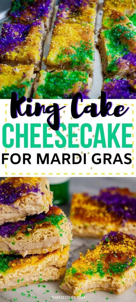 New Orleans is well known for Mardi Gras, but many don't know that the regional dish popular during the Carnival period is a decadent King Cake. Also known as the Three Kings Cake, it's a wonderful, three-layered cake with a cream cheese and cinnamon-sugar. This version is made quick and easy with crescent dough and cream cheese filling. Kingcake Cheesecake, King Cake Cheesecake, Three Kings Cake Recipe, Recipe For King Cake, Three Kings Cake, Kings Cake, King Cake Bites, King Cake Recipe Easy, King Cakes