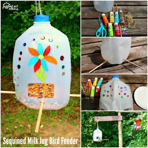 Sequined Milk Jug Bird Feeder Milk Jug Bird Feeder, Jug Bird Feeder, Recycled Milk Jug Crafts, Coffee Creamer Bottle Crafts, Milk Jugs Diy, Bird Feeders Diy Kids, Bird Feeders Diy, Milk Carton Crafts, Milk Jug Crafts