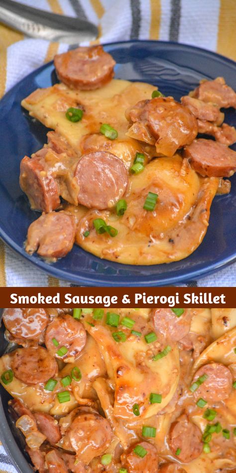 This smoked sausage & pierogi skillet is a classic 20 minute meal. Busy parents deserve some help with short cuts, and this meal embraces that while also making it possibly to get a hot, cozy meal on the table. In less time than it takes for the kids to enjoy a single episode of their favorite cartoon, this cozy dinner’s on the table. #skillet #pierogi #sausageandpierogi #dinner Pierogi Skillet, Rope Sausage, Beef Barbecue, Potato Stuffed, Smoked Sausage Recipes, Sausage Dinner, Kielbasa Recipes, Cream Pasta, Baked Pasta