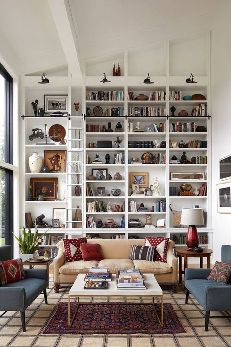 How To Decorate Living Rooms With High Ceilings Navy Accent Chairs, Cozy Reading Room, Grid Rug, White Shelving, Shelves Bookshelves, Home Library Rooms, High Ceiling Living Room, Built In Shelves Living Room, Bookshelves In Living Room