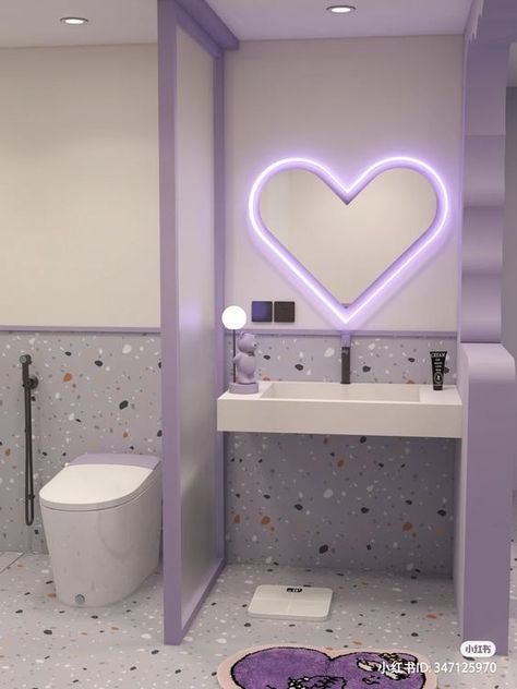 Purple Aesthetic Bathroom, Purple Bathroom Aesthetic, Purple House Aesthetic, Lilac Bathroom Ideas, Lilac Bathroom, Purple Interior Design, Toilet And Bathroom, Baños Shabby Chic, Bigger House