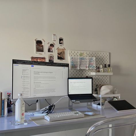 clean white desk aesthetic Aesthetic Computer Desk Setup, Pc Desk Cute, Ikea Desktop Setup, Ikea Skadis Desk Setup, Study Monitor Setup, Clean Desktop Setup, Pc Desk Setup Minimal, Clean Aesthetic Desk Setup, Ikea Skadis Keyboard