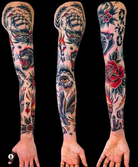 Forarm Tattoos American Traditional, Men’s Traditional Arm Sleeve, Turnover Tattoo, American Traditional Half Sleeve, American Traditional Arm Sleeve, Tattoo Sleeve Themes, American Traditional Tattoo Sleeve, American Classic Tattoo, Traditional Tattoo Arm