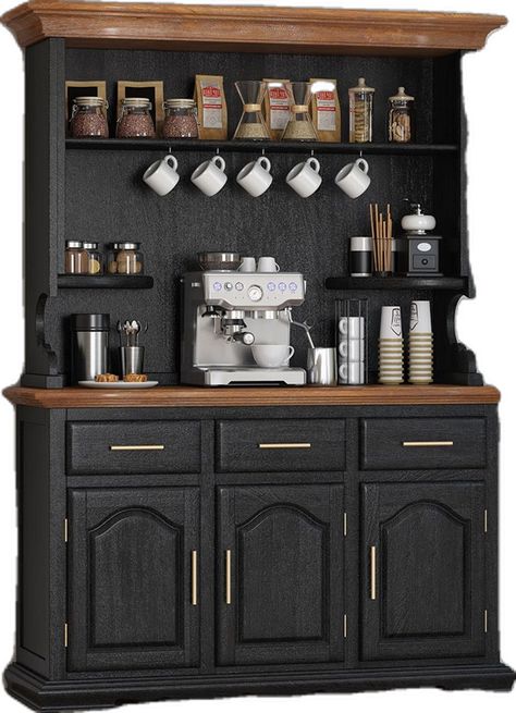 Coffee Bar Hutch, Corner Aesthetic, Home Coffee Station, Kitchen Hutch Cabinet, Bar Hutch, Dining Hutch, Black Buffet, Solid Wood Kitchen, Hutch Makeover