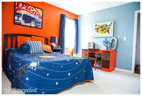 Orange And Blue Decor Bedroom, Blue Orange Room Bedroom Ideas, Blue And Red Kids Bedroom, Boys Orange Bedroom Ideas, Blue And Orange Room Bedroom, Orange And Blue Bedroom Ideas, Orange Bedroom Ideas Walls, Blue And Orange Boys Bedroom, Blue And Orange Boys Room