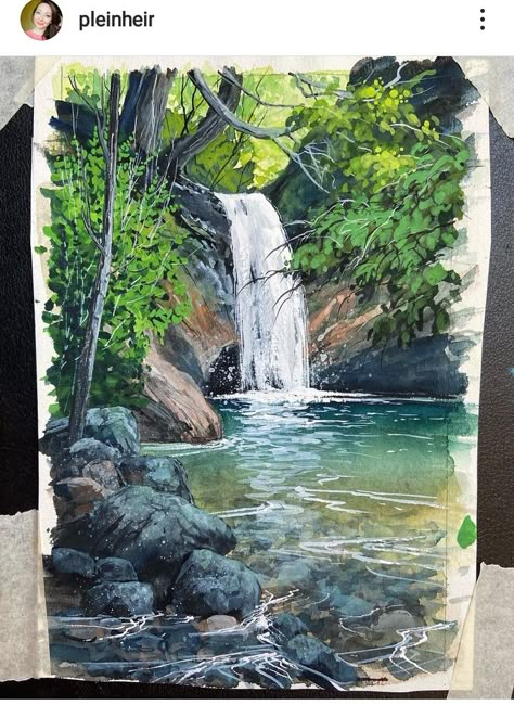 Watercolor Scenery Painting, Waterfall Drawing, New England Landscape, England Landscape, Watercolor Scenery, Waterfall Paintings, Watercolor Paintings Nature, Waterfall Art, Waterfall Landscape