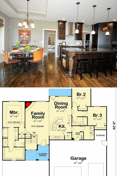 This is a single story prairie style house plan with 3 bedrooms and 2 bathrooms. Shown is the modern rustic open area craftsman dining room and kitchen. Find beautiful ranch interior design and decor in this under 2000 sq ft luxury home layout, floor plan and blueprint at: https://www.architecturaldesigns.com/house-plans/split-bedroom-ranch-with-covered-outdoor-patio-42282db?cjevent=e6132a64c66f11ea811a00180a18050d #ranchhouseplans #prairiestylehouseplans #houseplans #1story House Design With Basement, Luxury Home Layout, Outdoor Patio Floor, Ranch Interior Design, Ranch Style Floor Plans, Stucco And Stone Exterior, Ranch Interior, Craftsman Dining Room, Curved Kitchen Island