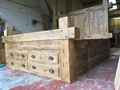 Rustic Beds, Beds Double, Rustic Wooden Bed, Wooden King Size Bed, Bed Designs With Storage, Rustic Bed Frame, Drawer Bed, Rustic Bed, Rustic Bedroom Furniture