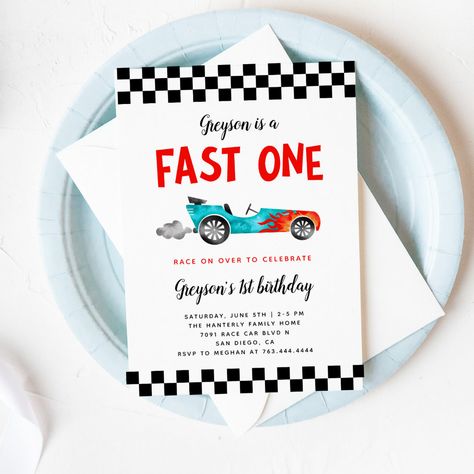 FAST ONE Race Car Boy 1st Birthday Party Invitation Cute race car theme kid's 1st birthday party invitation card featuring illustration of a blue vintage car with flames. The text says "XX is a FAST ONE." Two Fast Two Furious, 2nd Birthday Party For Boys, Race Car Birthday Party, Cars Theme Birthday Party, Race Party, Birthday Collage, 1st Birthday Party Invitations, 1st Birthday Themes, 2nd Birthday Party Themes