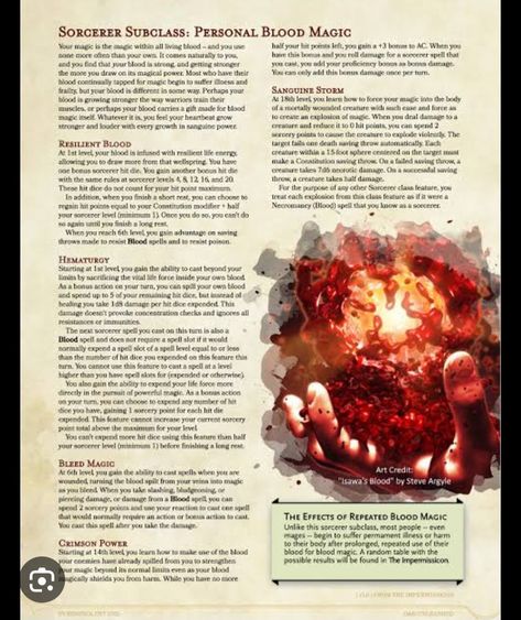 Magic that control, bend, and to control blood Blood Sorcerer, Homebrew Classes, Dnd Sorcerer, Blood Magic, Blood Mage, Dnd Homebrew, Dnd Stories, D D Classes, Dungeon Master's Guide