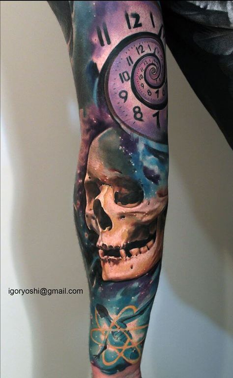 Amazing Skull Tattoos by Igoryoshi (2) Day Of Dead Tattoo, Colorful Sleeve Tattoos, Skull Tattoo Flowers, Slayer Tattoo, Paris Tattoo, Universe Tattoo, Circle Tattoos, Space Tattoo, Best Sleeve Tattoos