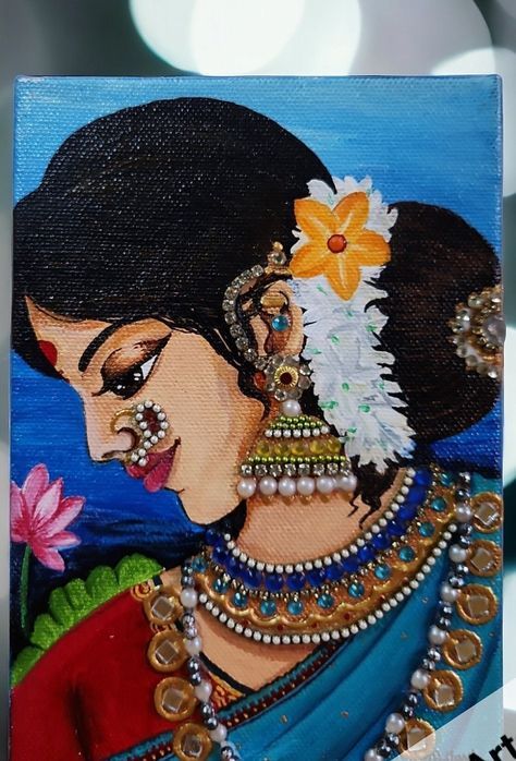 Madhubani Art On Canvas, Painting Ideas Traditional, Traditional Painting Ideas, Creative Composition Painting Ideas, Composition Art Paintings, Indian Art Paintings Traditional, Lotus Acrylic Painting, Ladies Painting, Art Small Canvas