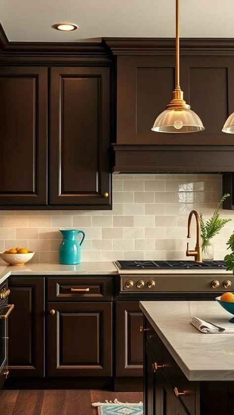 Designing a Stunning Kitchen with Dark Brown Cabinets Dark Brown Cupboards Kitchen, Kitchen With Dark Brown Cabinets, Dark Stained Cabinets, Brown Cupboards, Dark Brown Kitchen Cabinets, Bathroom With Laundry, Cherry Wood Kitchen Cabinets, Cherry Wood Kitchens, Diy Kitchen Cabinets Makeover