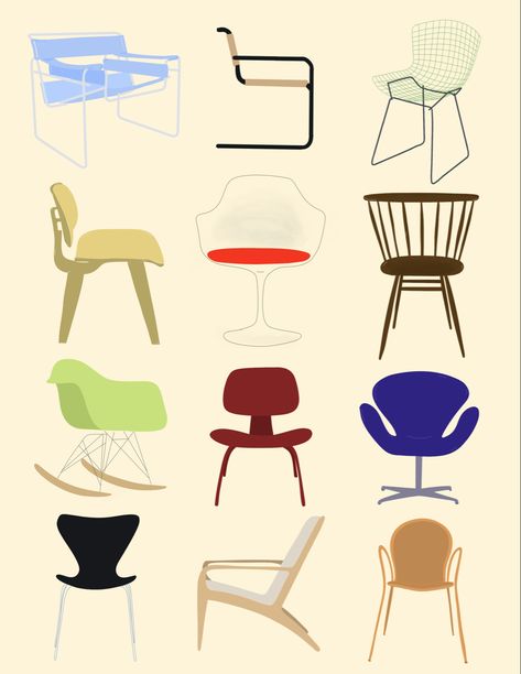 Vintage Chair Drawing, Furniture Illustration Graphics, Iconic Chairs Design, Chair Illustration Drawing, 2d Furniture, Chair Poster, Chair Illustration, Famous Chair, Typographie Inspiration