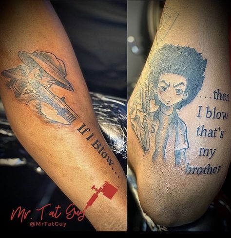 Boondocks Brothers Tattoo, Matching Tats For Brothers, Matching Tattoo For Brothers, Matching Tattoos Cartoon, Brother Matching Tattoos, Matching Tattoos For Best Friends Men, Best Friend Tattoos For Men, Matching Tattoos Brothers, Evil Twin Tattoo